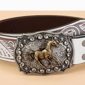 Wonens Western Belt with Horse Buckle - White and Brown